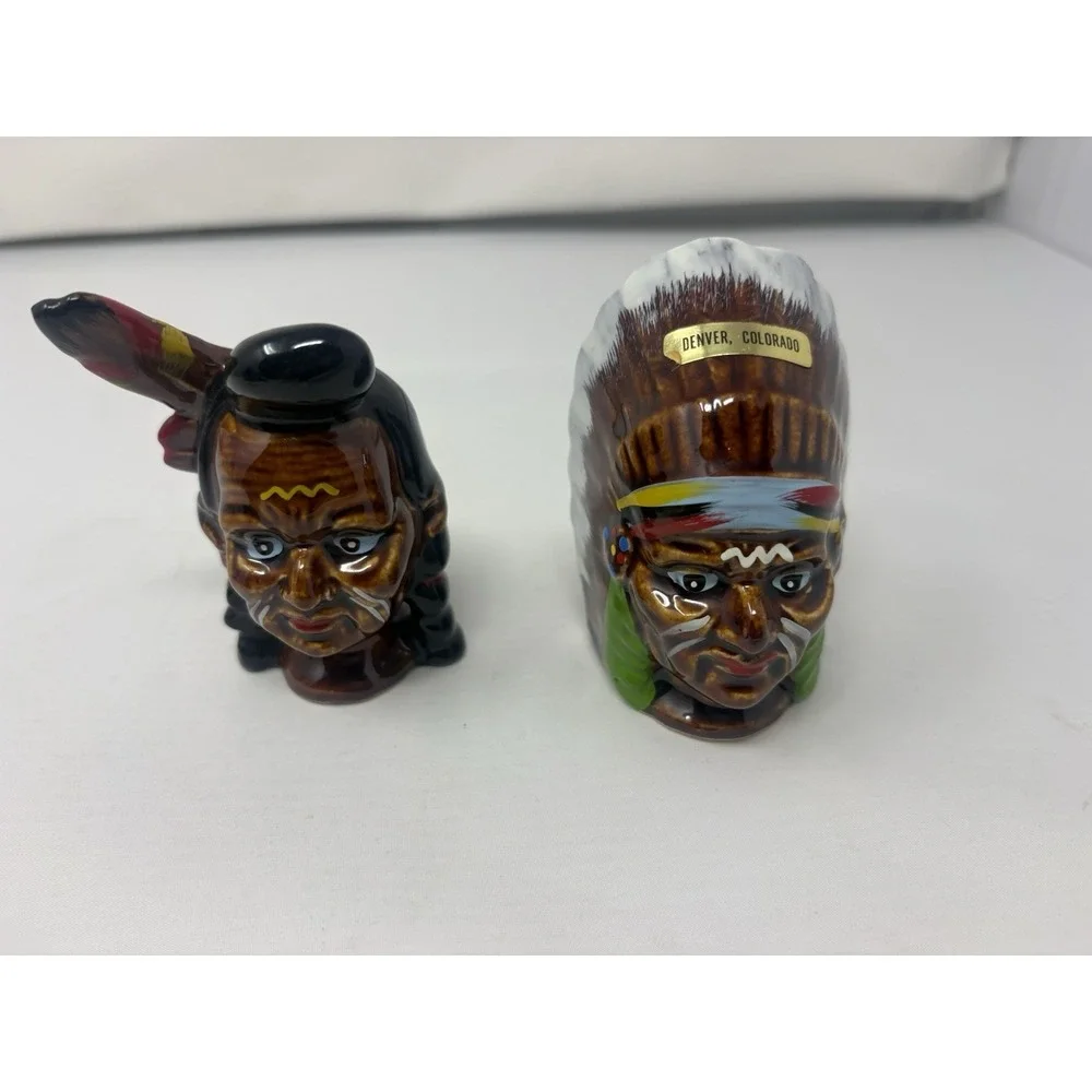 Vintage Walls Ceramic Japan Hand Painted Native American Colorful Salt & Pepper